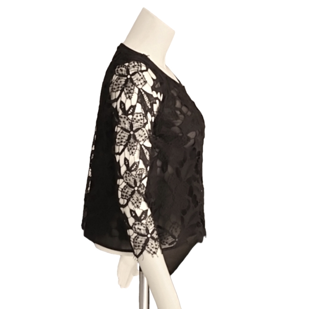 ZARA Black Crochet Lace Crop Top M Sheer Gothic Boho Punk Festival 3/4 Sleeve - Picture 5 of 15